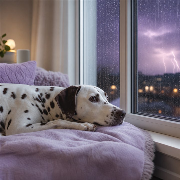 Dalmatian resting safely indoors during a thunderstorm