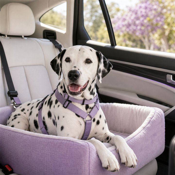 Dalmatian traveling safely in a car